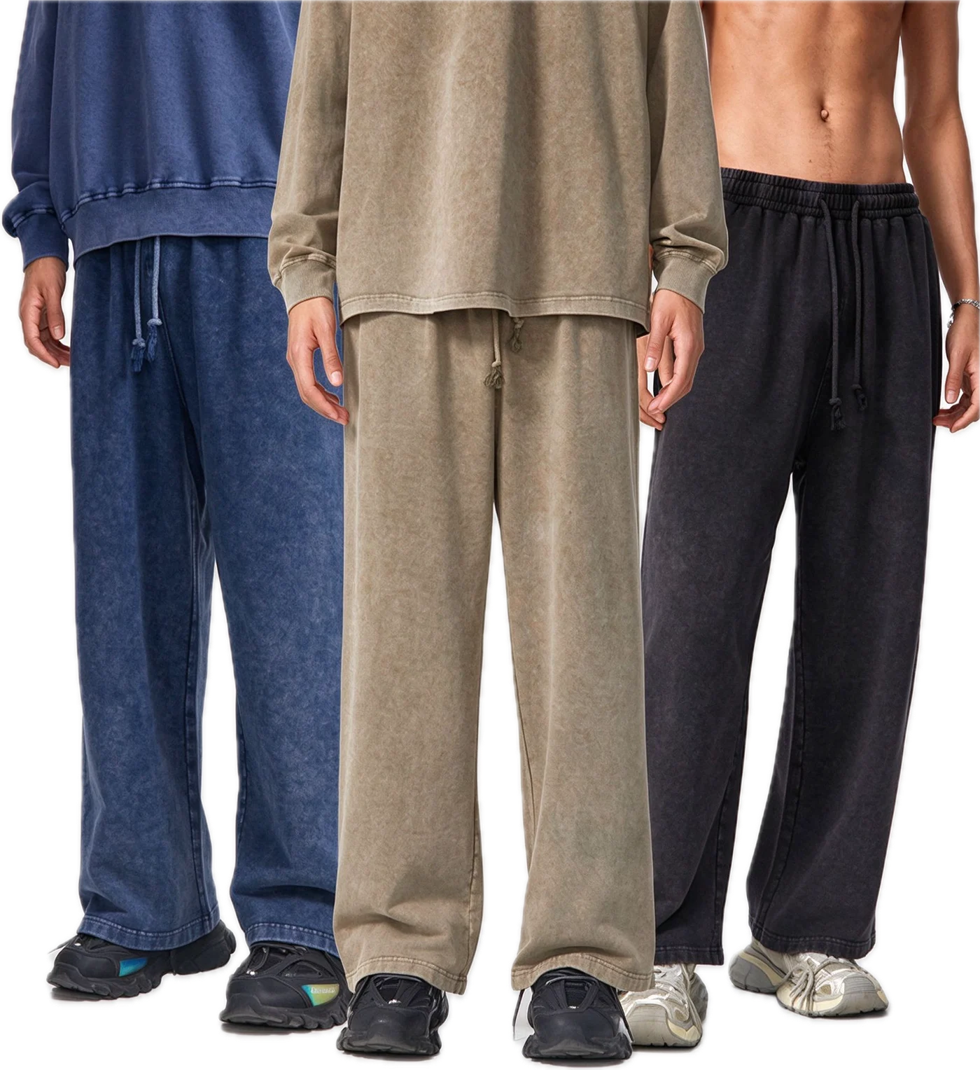 Washed long pants in blue, sand and charcoal