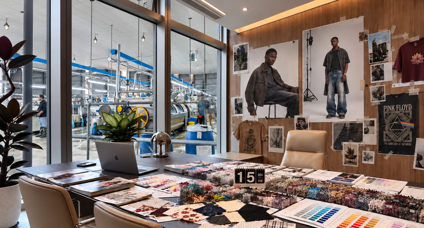 Washed apparel design studio overlooking garment production